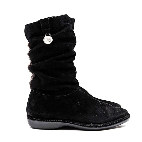 Stuart Weitzman Women Black Suede Faux Fur Cuff ankle boots size 8 - Picture 10 of 12